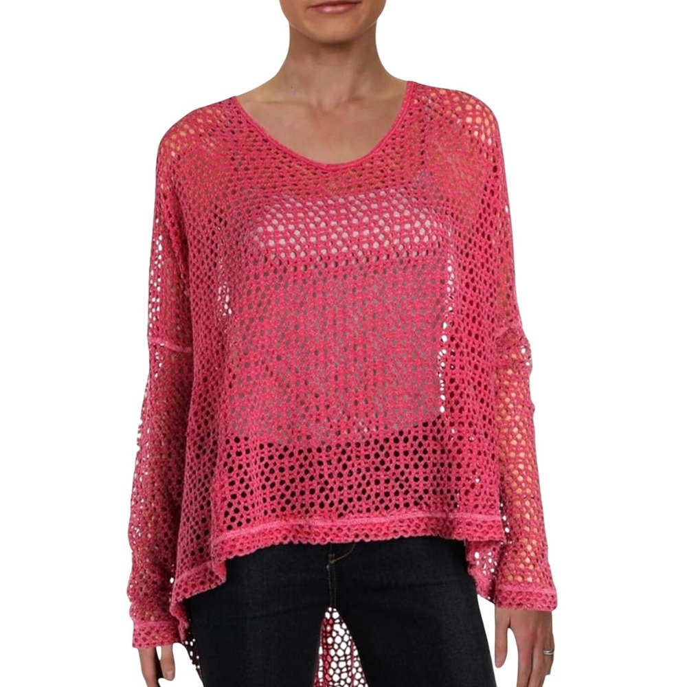 Free People M Oversized Sweater Top Pink Long Sleeve V-Neck‎ Women's Size M